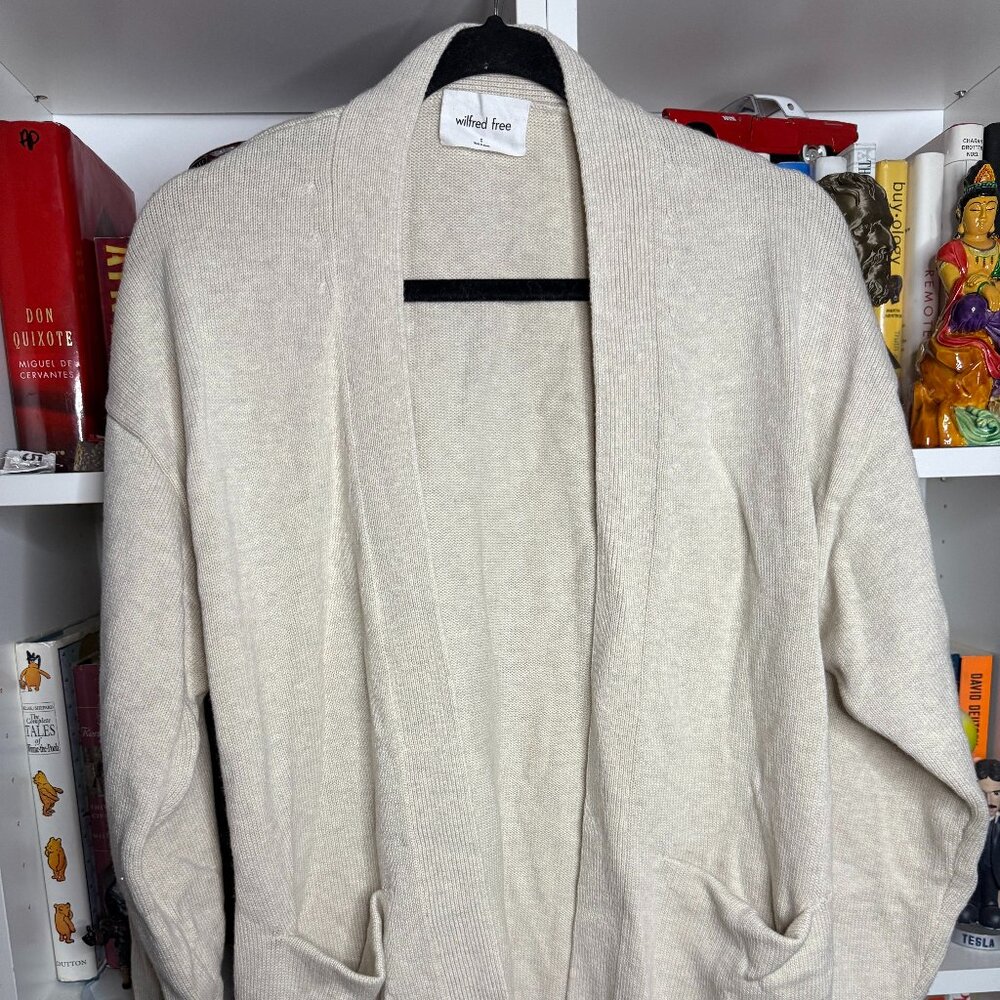 Aritzia Wilfred Free Cardigan Sweater Women's Small Knit Tan Open Front Pockets